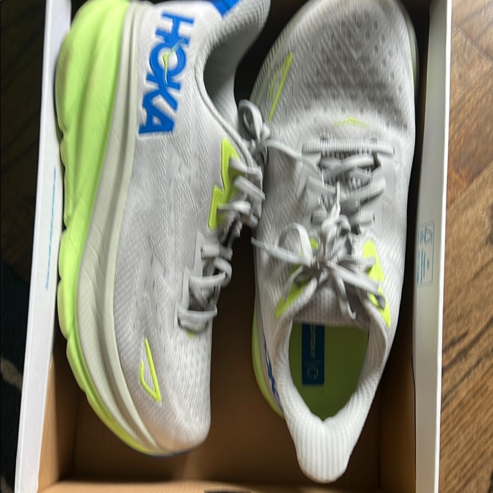 Hoka White and Neon Green Athletic Shoes